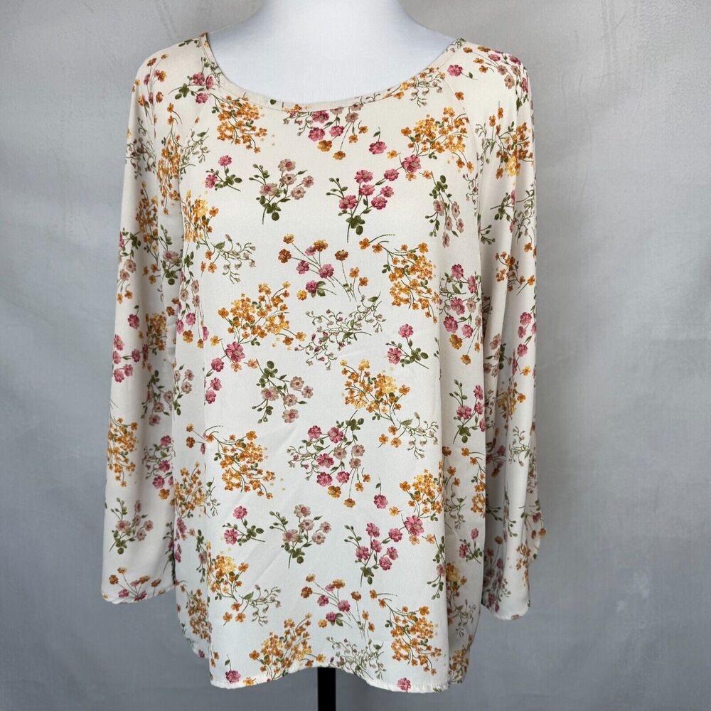 Papermoon Women Sz L Sheer Beige Floral Print Boat Neck Long Sleeve Zipper